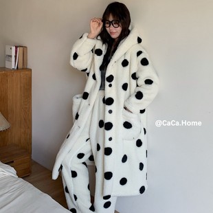 986秋冬季 波点横条保暖珊瑚绒睡袍家居服 加绒加厚连帽睡衣女套装