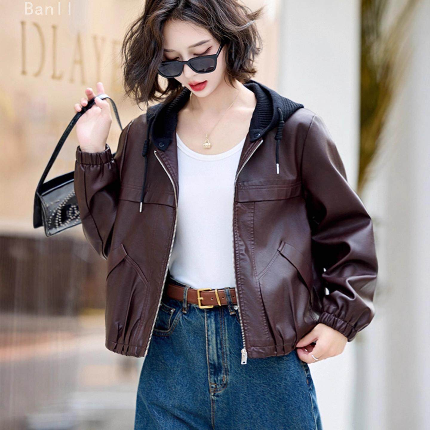 高级感针织连帽皮衣外套女小个子2025爆款新款春秋宽松短款皮夹克,女装/女士精品,短外套,淘宝优惠券,粉丝福利购,淘宝优惠卷