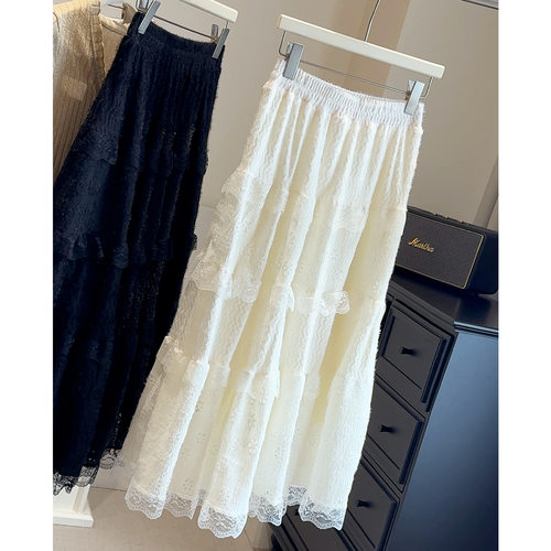 芭蕾风毛绒感蕾丝半身裙女秋新款