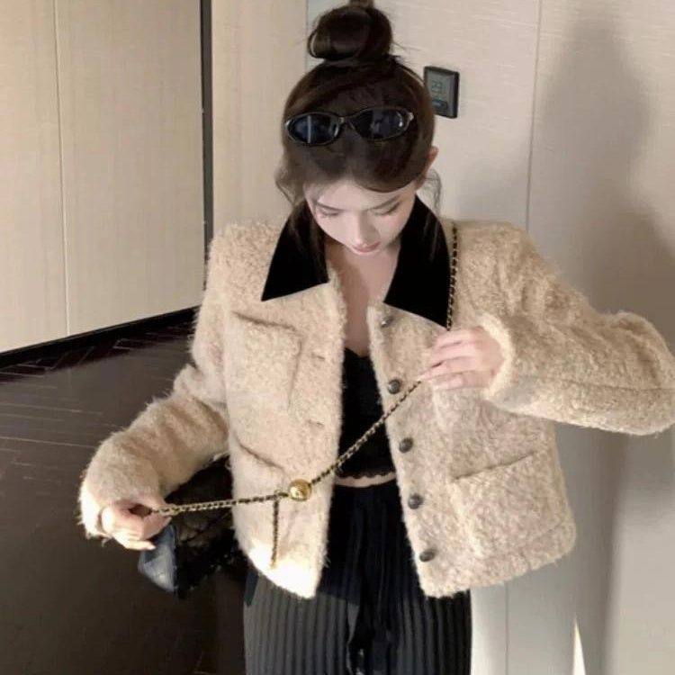 网红宽松外套小香内胆外套女2025秋冬季加厚保暖撞色翻领上衣服女,女装/女士精品,短外套,淘宝优惠券,粉丝福利购,淘宝优惠卷