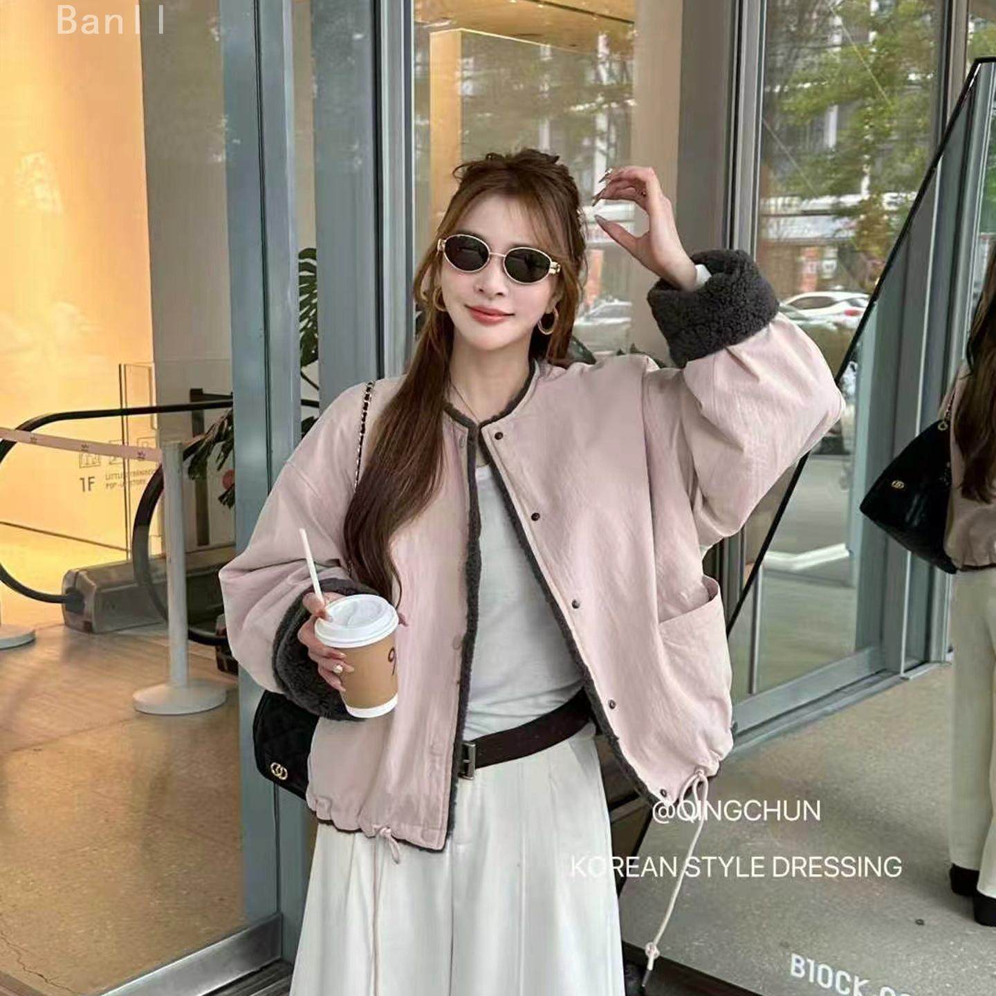 时尚羊羔毛拼接外套女短款2025秋冬洋气显瘦百搭圆领皮毛一体夹克,女装/女士精品,短外套,淘宝优惠券,粉丝福利购,淘宝优惠卷