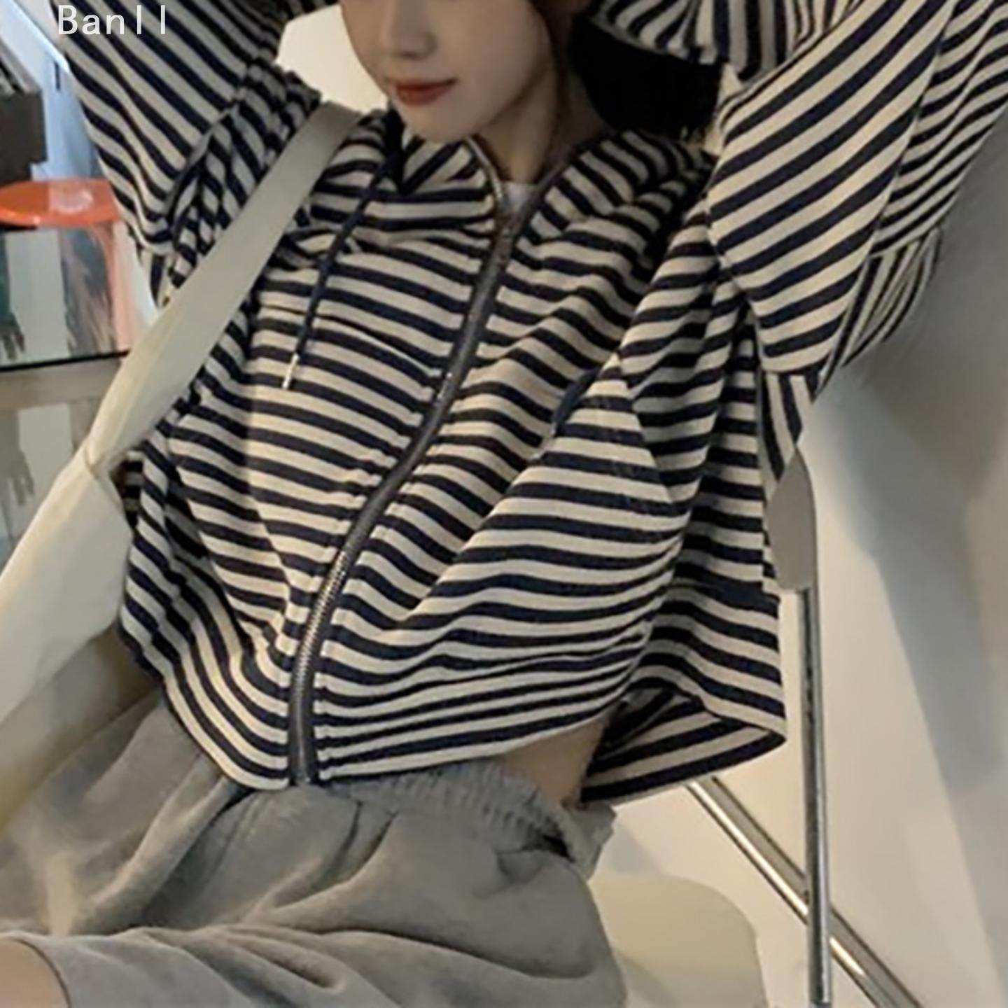 春秋季薄款新款条纹百搭宽松慵懒风连帽卫衣女秋冬开衫短外套in,女装/女士精品,短外套,淘宝优惠券,粉丝福利购,淘宝优惠卷