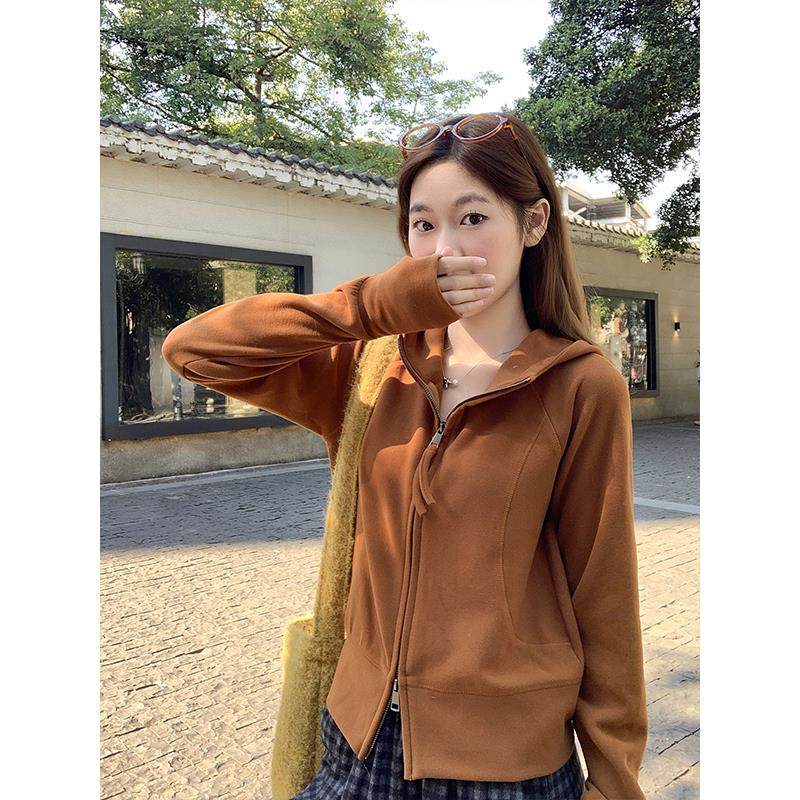 甜酷设计感连帽双拉链卫衣开衫外套女冬季新修身加绒短款独特上衣