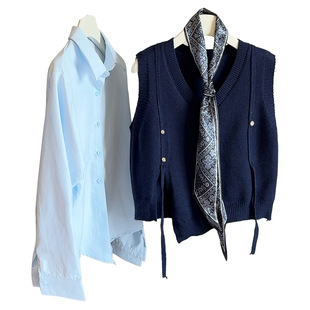 衬衣 显瘦减龄百搭长袖 丝巾三件套 韩系开叉气质针织马甲背心 秋季