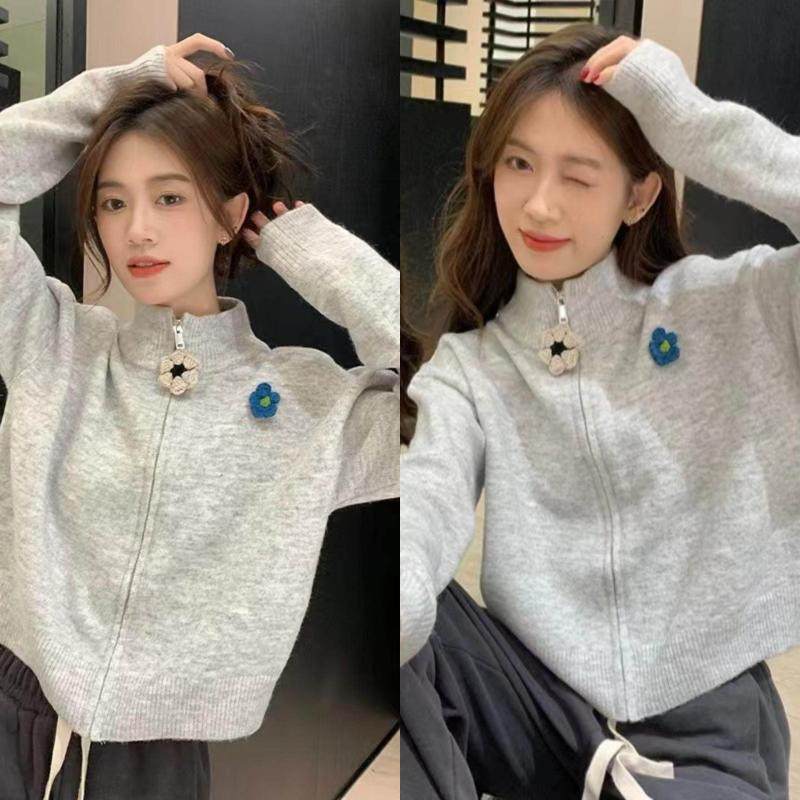 设计感灰色拉链半高领毛衣外套女春秋小个子宽松短款针织开衫上衣,女装/女士精品,毛衣,淘宝优惠券,粉丝福利购,淘宝优惠卷