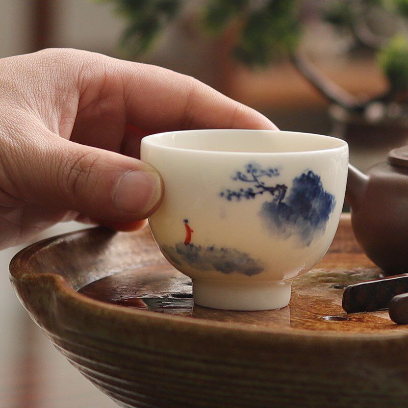 手绘茶杯陶瓷主人杯功夫茶具品茗杯茶碗复古青花白瓷茶盏单个家用
