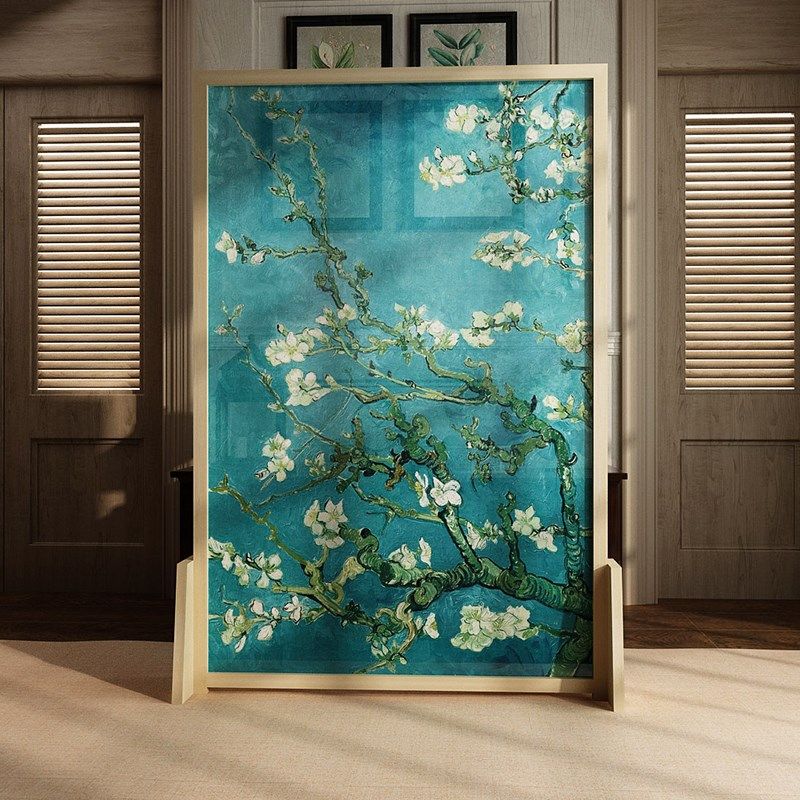 现代欧式油画实木移动屏风隔断装饰客厅小户型半透纱座屏梵高杏花