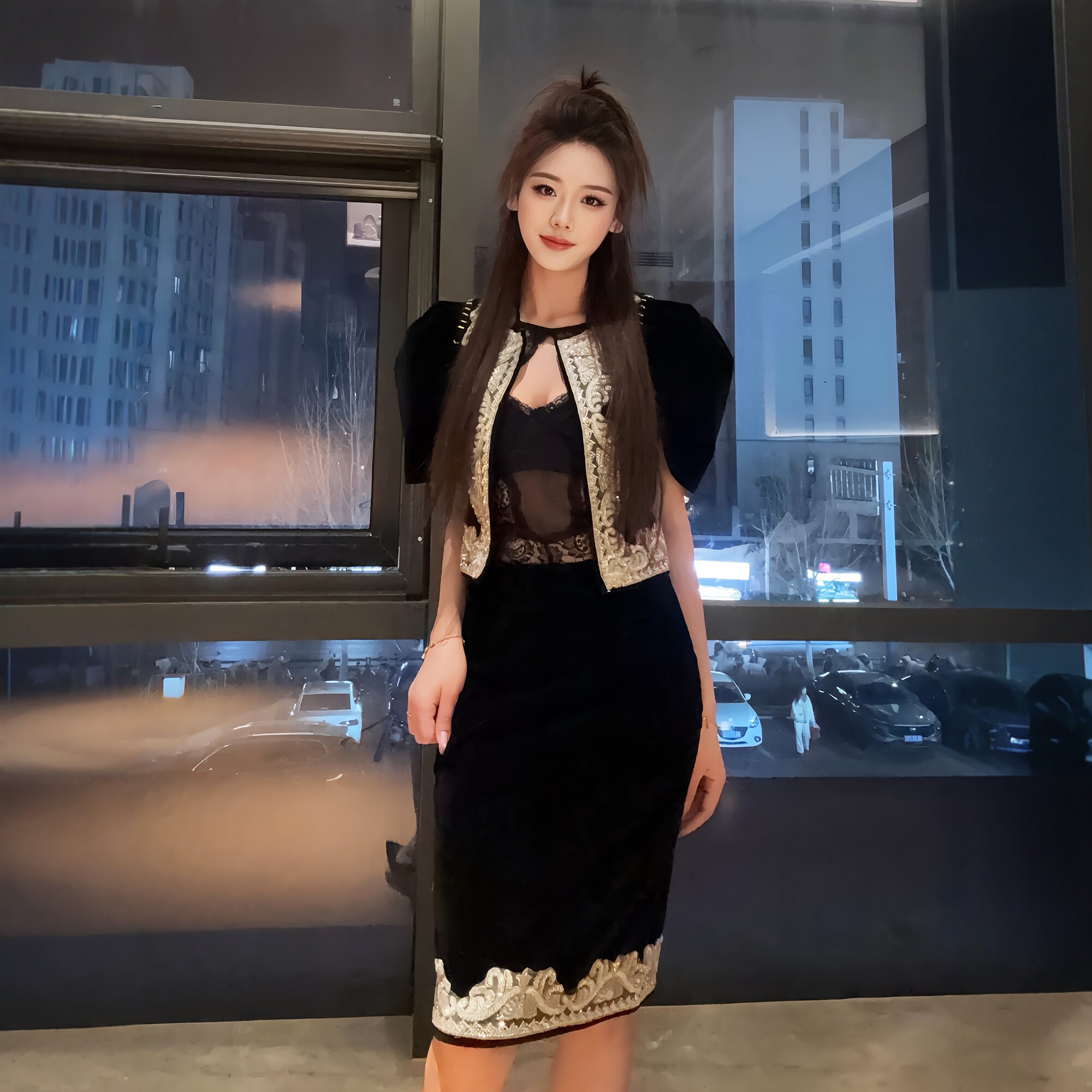 小香风黑色亮钻针织连衣裙女修身收腰显瘦短款包臀裙开衫两件套