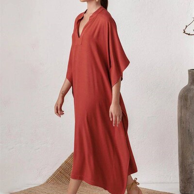 Swimsuit Cover Up Women Kaftan Beach Tunic Solid V Neck Eleg