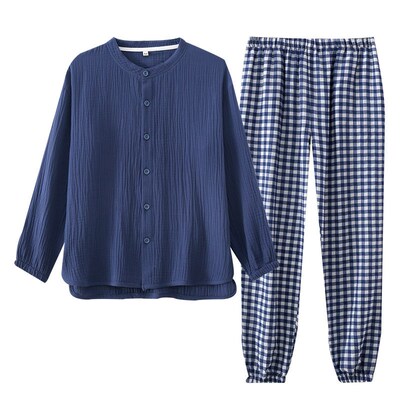 Pure tton Japanese Plaid Mens Home Clothes Suit Long Sleeve