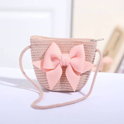New Pink Bow Girl Bag Zipper Woven Straw Kid Prince Meenger