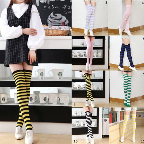 Women Girls Over Knee Long Stripe Printed Thigh High Striped