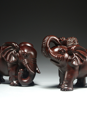 黑檀木雕刻大象摆件一对家居客厅电视柜木头象装饰工艺品乔迁送礼
