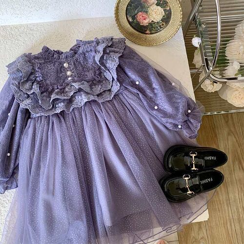 Purple Childrens Wear Girls Spring Dress New Arrival Stitc