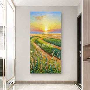 玄关海上日出东方手绘油画客厅丰收金色麦田装饰壁画抽象风景挂画