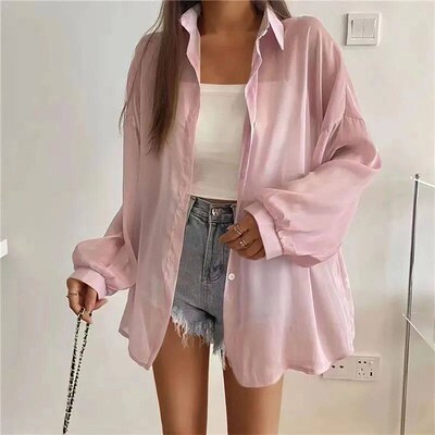 Summer Thin Shirts Women Loose Chiffon Long Sleeve Top Basic