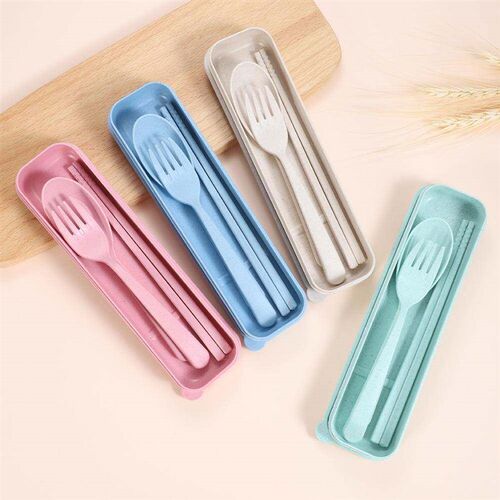4PCS/Set Cutlery Tableware Spoon Fork Chopsticks Safe Wheat