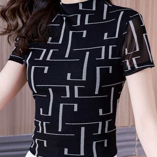 Summer New Short Half Mesh sleeve Collar Womens high