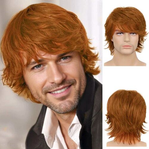 Fashion Mens Short Hair Warped Brown Wig Fluffy Long Bangs