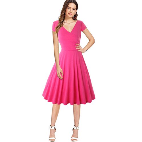 Oversize V Neck Slim Knee Length Dresses Short Sleeve Solid