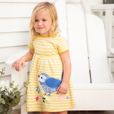 Jumping Meters Yellow White Striped Cartoon Dress Applique A