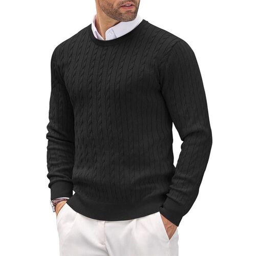 Mens Round Neck Knitted Sweater Slim Long Sleeve Twist Soli