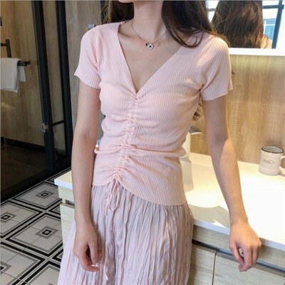 Summer Korean Vneck Drawstring Crop Top Sexy Short Sleeved T