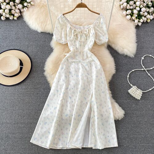 Summer Vintage Dress Blue Floral Summer Bubble Sleeve Tie