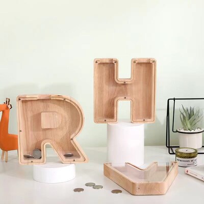 English Alphabet Piggy Bank Wooden Coin Money Box Saving Box