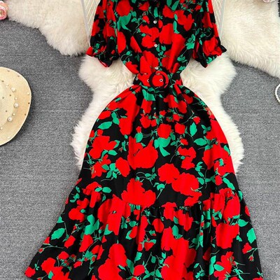 Bohemian Casual Print V-neck Elasticated Waist Wrap Long Dre