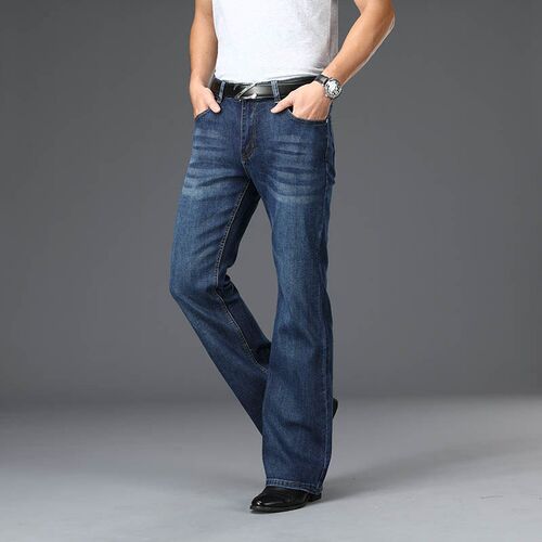 Mens Flared Jeans High Waist Elastic Loose Flared Denim Wid