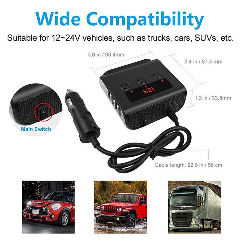 120W Cigarette Lighter Adapter QUI CHARGE 3.0 12V/24V 3-Sock