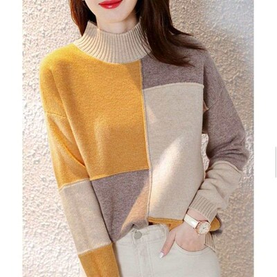 Lazy Style Color-matching Half-turtleneck Thick Sweater Wome