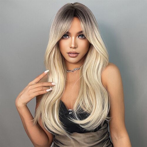 GEMMA Ombre Brown Blonde Long Straight Synthetic Wigs with B