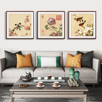 郎世宁花鸟国画中式餐厅装饰画饭厅斗方挂画客厅玄关背景墙实木框