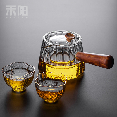 禾阳 耐热玻璃侧把煮茶壶加厚家用木把过滤泡茶壶单壶办公花茶壶