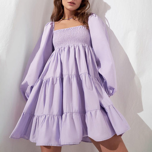 Fandy Lokar Square Collar Puff Sleeve Dresses Women Fashion