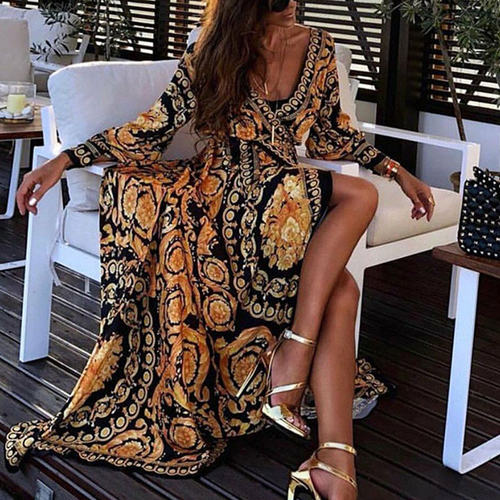Womens Boho V-Neck Printed Sundress Long Maxi Dress for