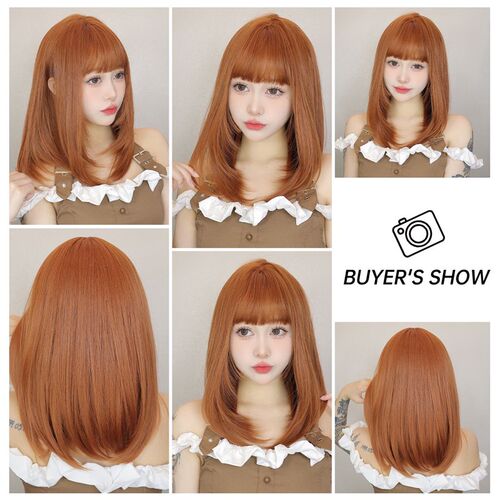 Orange MidLength Straight Wig w Air Bangs Japanese Korean Do