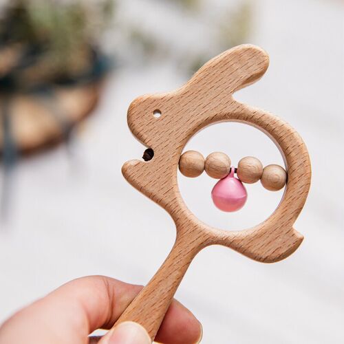 1PC Baby Wooden Rattle Beech Animal Hand Teething Wooden Rin