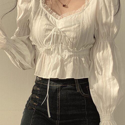 Chiffon Blouse Women Spring Summer Puff Sleeve Lace Up
