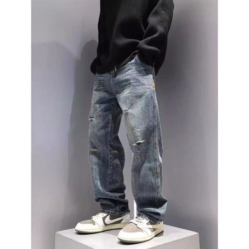 New Mens Ripped Jeans Baggy Straight Fashion Vintage Blue D