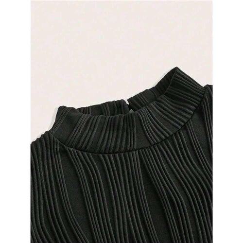 Casual Black Mock Neck Flare Long Sleeve Crop Top Women