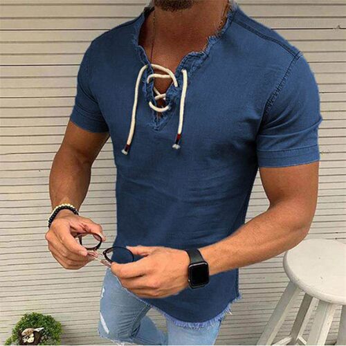 Western denim mens shirt with lace up tassel and cow