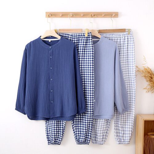 Pure tton Japanese Plaid Mens Home Clothes Suit Long Sleeve