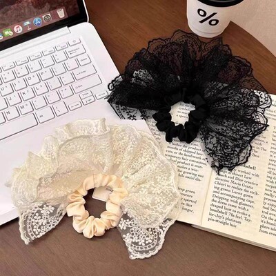 Double-layered lace hair scrunchie, large French white bow w