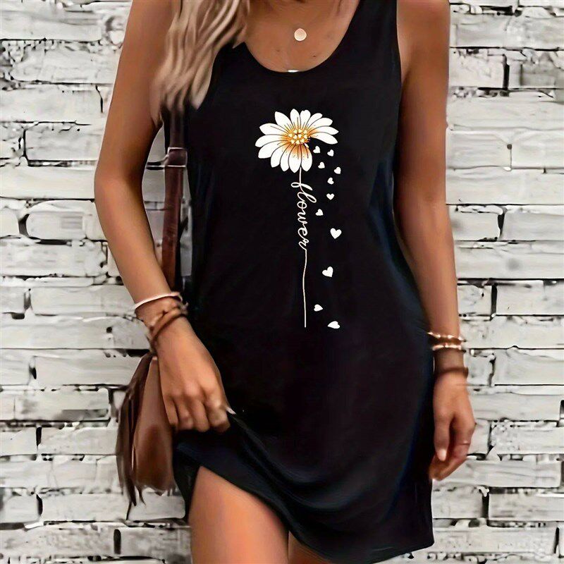 Summer black sexy dress Womens  Sunflower Print Casual