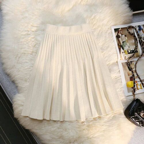 Autumn Winter Knitted Pleated Skirts Womens Elastic High Wa