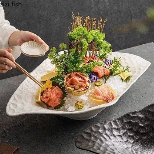 Solid Color Ceramic Sashimi Plate Irregular Salmon Dry Ice