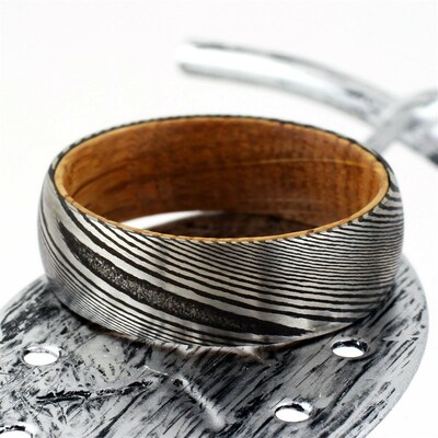 8mm Mens Black Tungsten Wedding Band with Damascus Steel Tex